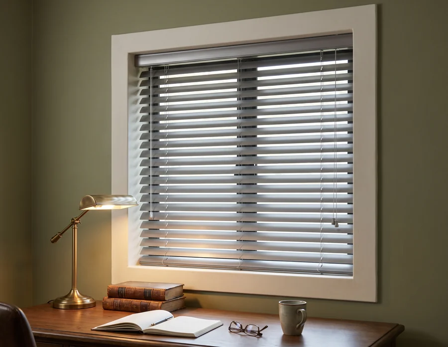 Pewter aluminium venetian blind fitted inside the reveal of an olive-walled Woodhill study window, slats tilted half open over a desk and reading lamp