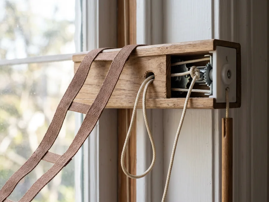 Close view of a blind headrail opened at the window, cord, ladder tape and tilt mechanism exposed for a Woodhill restring and service