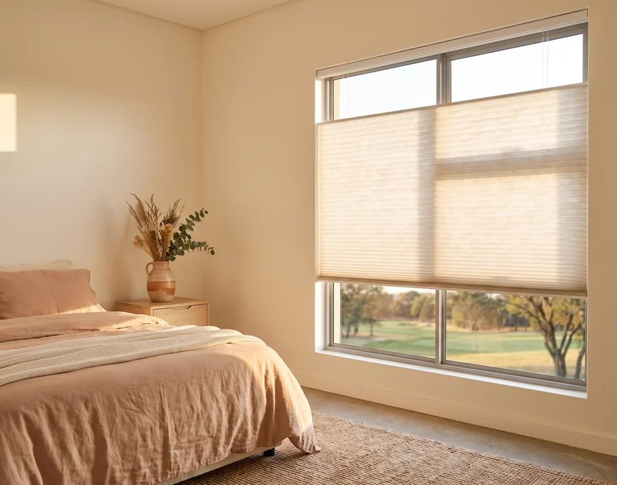 Cream cellular honeycomb blind lowered three-quarters down a Woodhill guest-bedroom window, glowing in late-afternoon light with the fairway visible beneath it