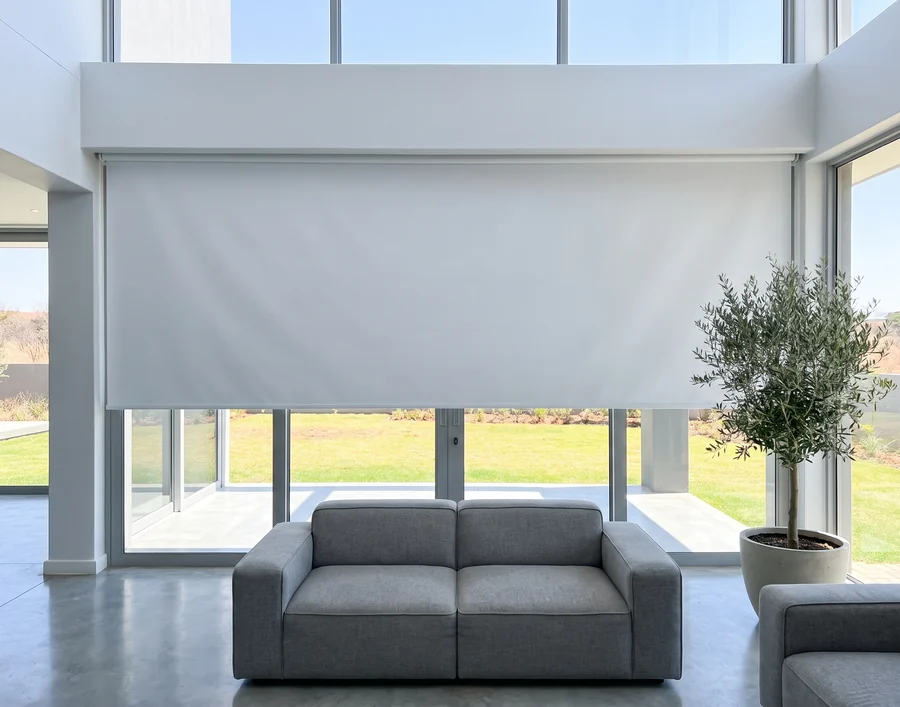 Concealed roller blind dropping from a recessed ceiling slot above the full-height glass of a double-volume Woodhill living room, no hardware on show