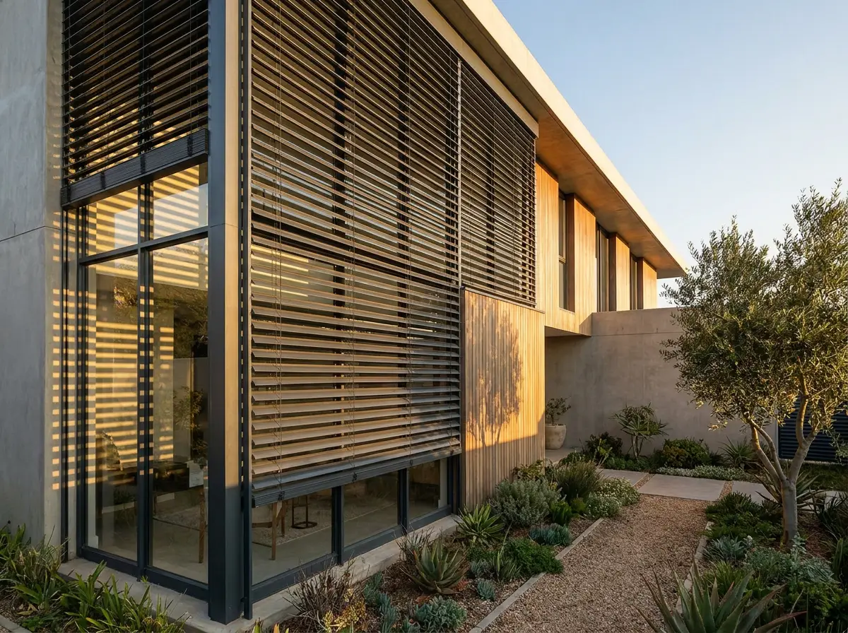Timber-clad Woodhill facade at golden hour with external venetian blinds lowered across two storeys of glass, slats tilted to throw stripes into the room behind