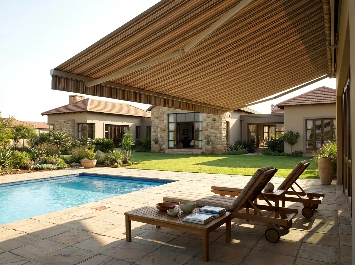 Striped folding-arm awning wound out over the poolside paving of a Woodhill home, arms clear of the ground and the lawn running back to the house