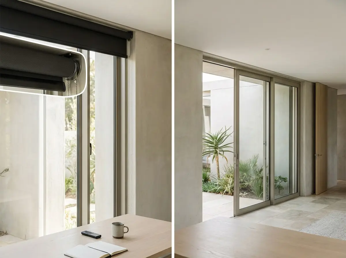 Motorised roller blind part-lowered over a Woodhill study window looking onto a planted courtyard, its slim handset lying on the desk below