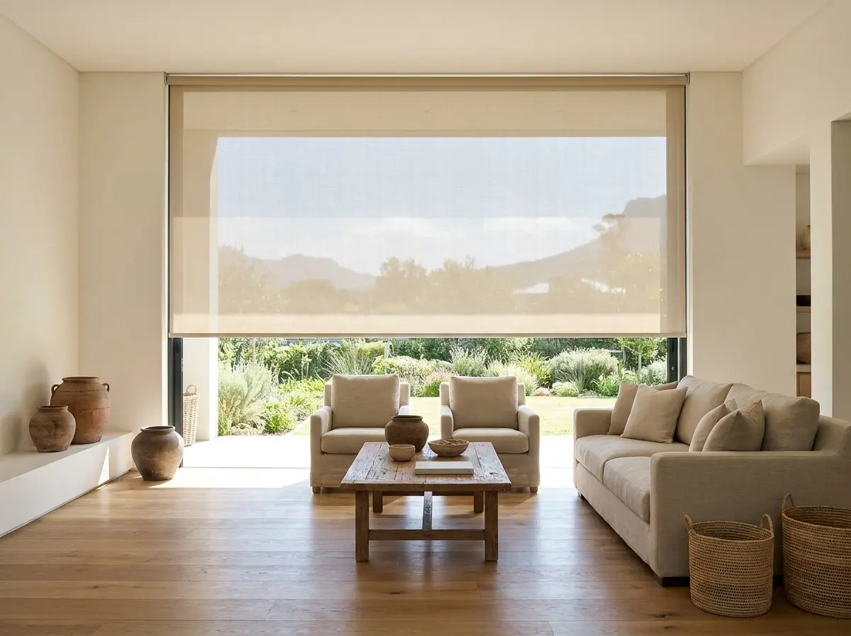 Wide sunscreen roller blind lowered across the stacking doors of a Woodhill living room, the garden outside still legible through the open weave