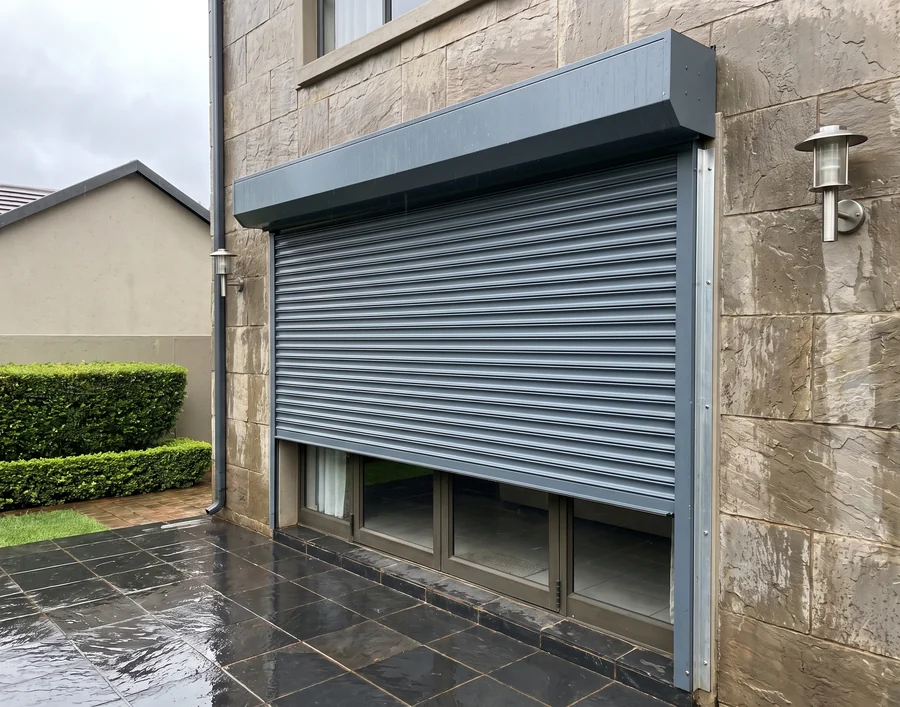 Slate-grey aluminium roller shutter half lowered over a Woodhill patio door after rain, its box and guide rails fixed to the stone-clad wall