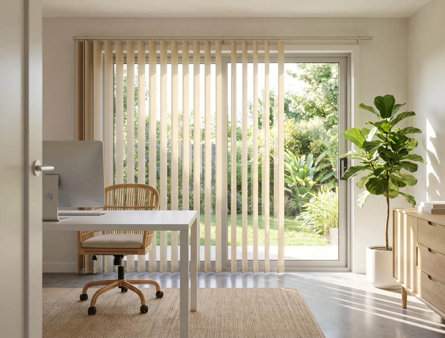 Sand-coloured vertical blind vanes hanging from a track above the sliding door of a Woodhill home office, angled to slice the midday garden light