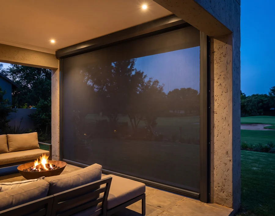 Charcoal zip screen running in side channels across a Woodhill patio opening at dusk, the mesh still faintly showing the fairway beyond the fire bowl